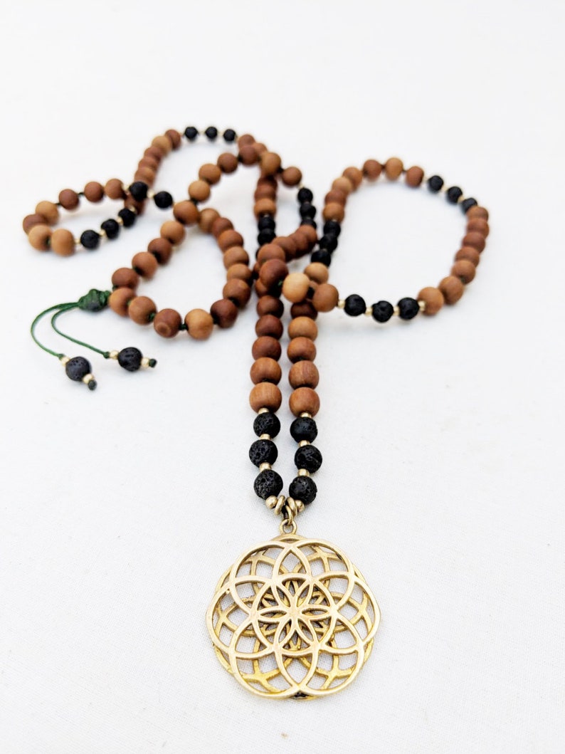 Yoga Mala Black Lava Sandalwood Seed of Life Pendant Necklace 108 Beads