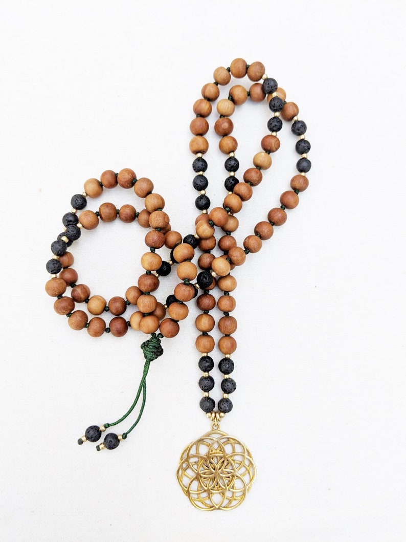 Yoga Mala Black Lava Sandalwood Seed of Life Pendant Necklace 108 Beads