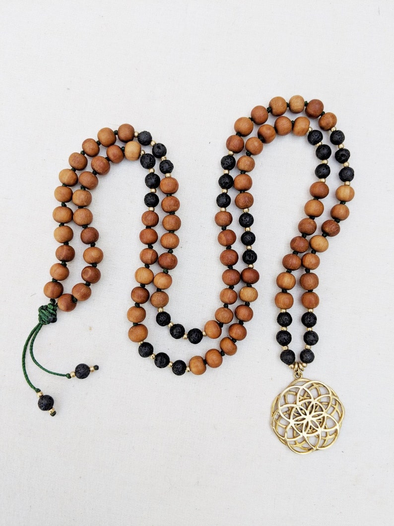 Yoga Mala Black Lava Sandalwood Seed of Life Pendant Necklace 108 Beads