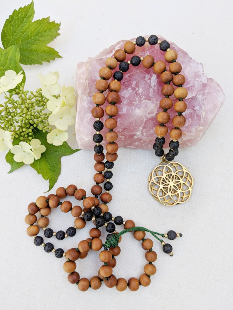 Yoga Mala Black Lava Sandalwood Seed of Life Pendant Necklace 108 Beads