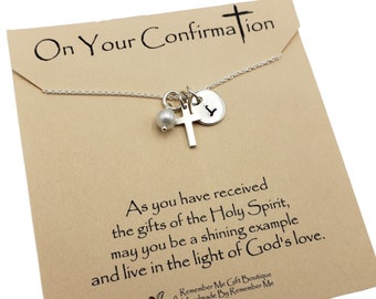 Confirmation Necklace Sterling Silver, Confirmation Gift, Catholic Confirmation Jewelry, Personalized with Initial, Cross and Pearl