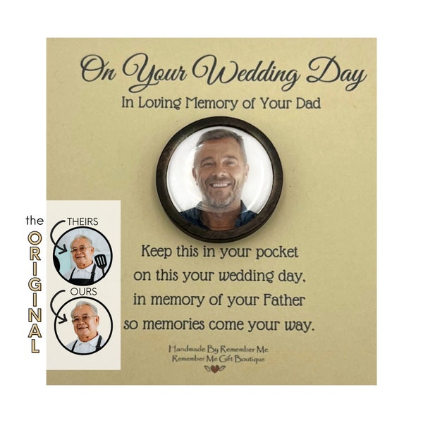 Custom Pocket Memory Stone in Memory of Dad on Wedding Day for Groom, Personalized Memorial Stone with Photo, Wedding Memorial Picture Charm