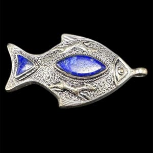 Vintage a Silver afghan Fish Pendant with Lapis Inlay | Handcrafted Afghan Amulet  | Tribal Boho Ocean Totem Jewelry | Rare Ethnic Talisman