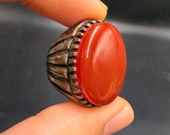 Vintage Carnelian Ring – Handmade Tribal Design, Antique Silver-Toned Alloy (US 8.5)