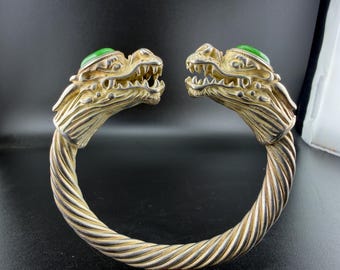 Tibetan Silver Double Dragon Bracelet – Green Jade, Handmade Bangle