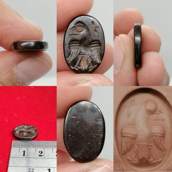 古代ローマの黒石のインタリオ印章、鳥のシンボル、彫刻されたスタンプ
