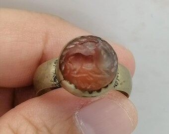 希少な古代カーネリアンインタリオリング - ブロンズセッティングの