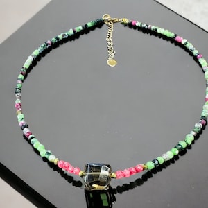 Charming Natural ruby & malachite stone beads necklace with Smoky quartz in Center length 16-18 &quot; inches