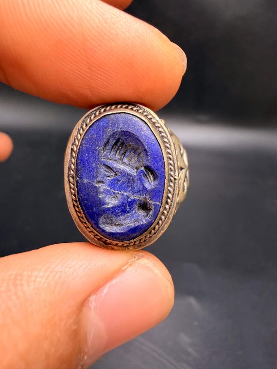 Ancient Warrior Portrait Lapis Lazuli Ring – Hand-carved Intaglio