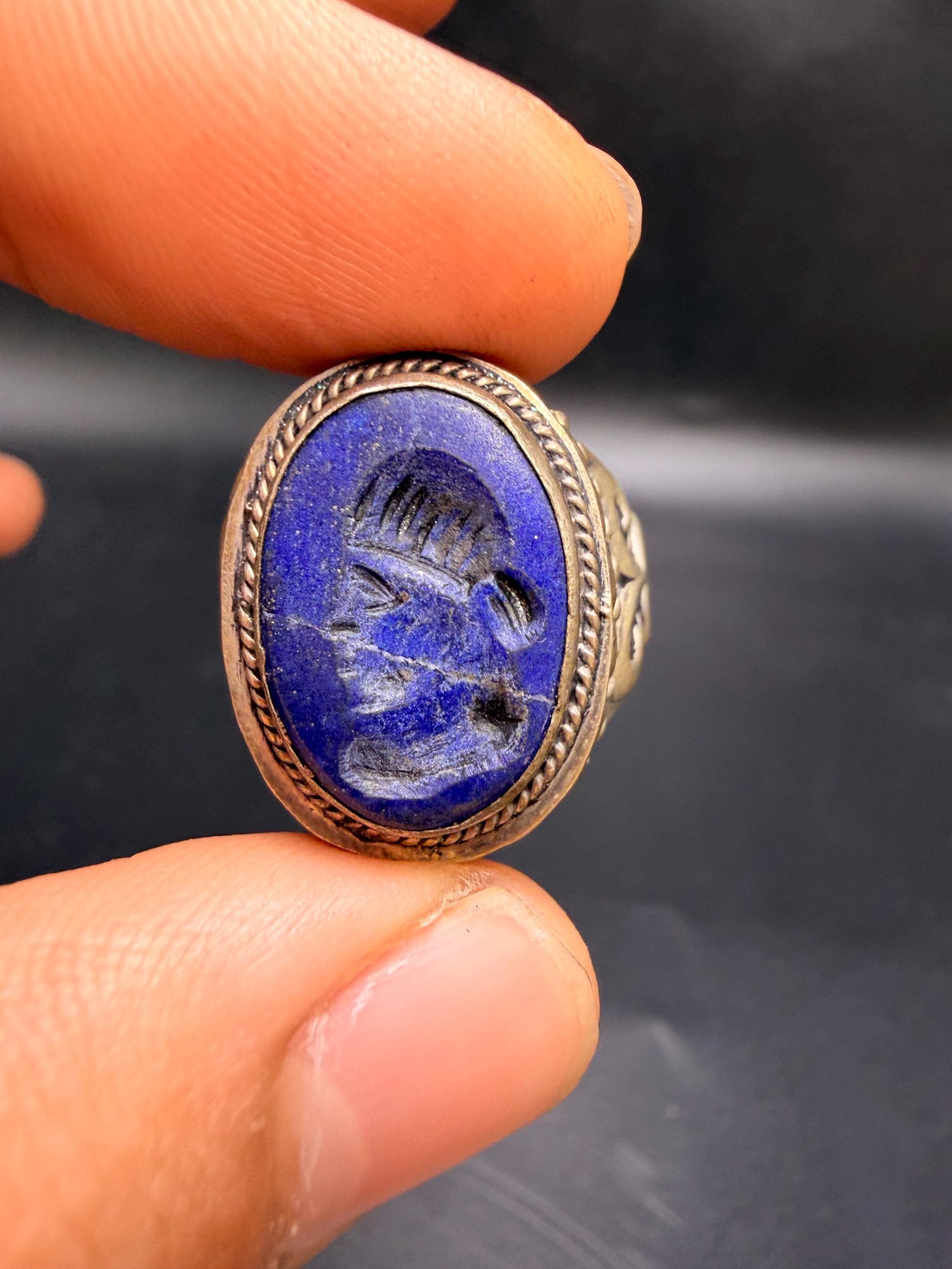 Ancient Warrior Portrait Lapis Lazuli Ring – Hand-carved Intaglio