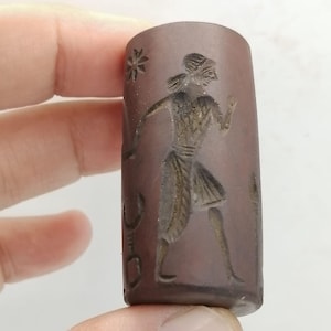 Unique Roman  Jasper  stone cylinder seal – engraved seated and standing figures with celestial symbols