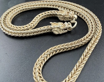 Tibetan Silver Dragon Chain – Handwoven Dragon Head Necklace Symbol of Power & Wisdom