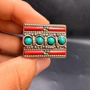Vintage tribal turquoise & coral ring – bold rectangular statement ring with silver-tone beaded frame, Afghan jewelry