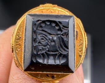 Ancient Black Intaglio Ring • Roman Warrior, 20k Gold Tone
