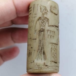 Ancient Cylinder Seal | Cream Stone Carving with Dog & Priest Figures