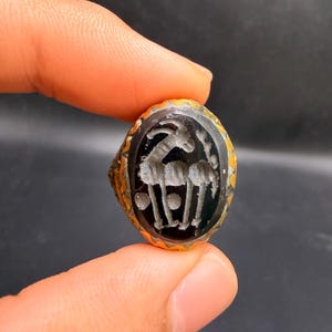 May include: An antique ring with an oval black stone featuring a carved design of two animals. The ring has a gold-coloured band with an ornate, textured pattern. The stone's design is in a lighter colour, creating a contrast against the dark background.