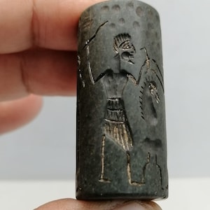 Ancient Cylinder Seal | Tribal Green Stone with Bearded Deities & Symbols