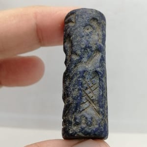 Lapis-Roman old  Ancient Cylinder Seal – Seated Deity with Attendants – Rare Blue Carved Bead with Impression