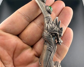 Antique Tibetan Silver Dragon Pipe – Jade & Red Glass Inlay