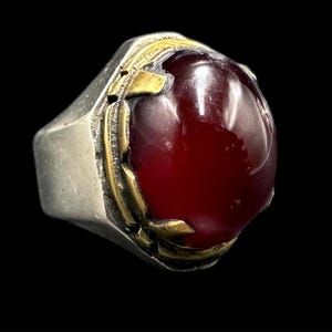 Tribal Carnelian Ring | Warrior Red Stone Ring in Silver & Brass | Vintage Ethnic Afghan Jewelry