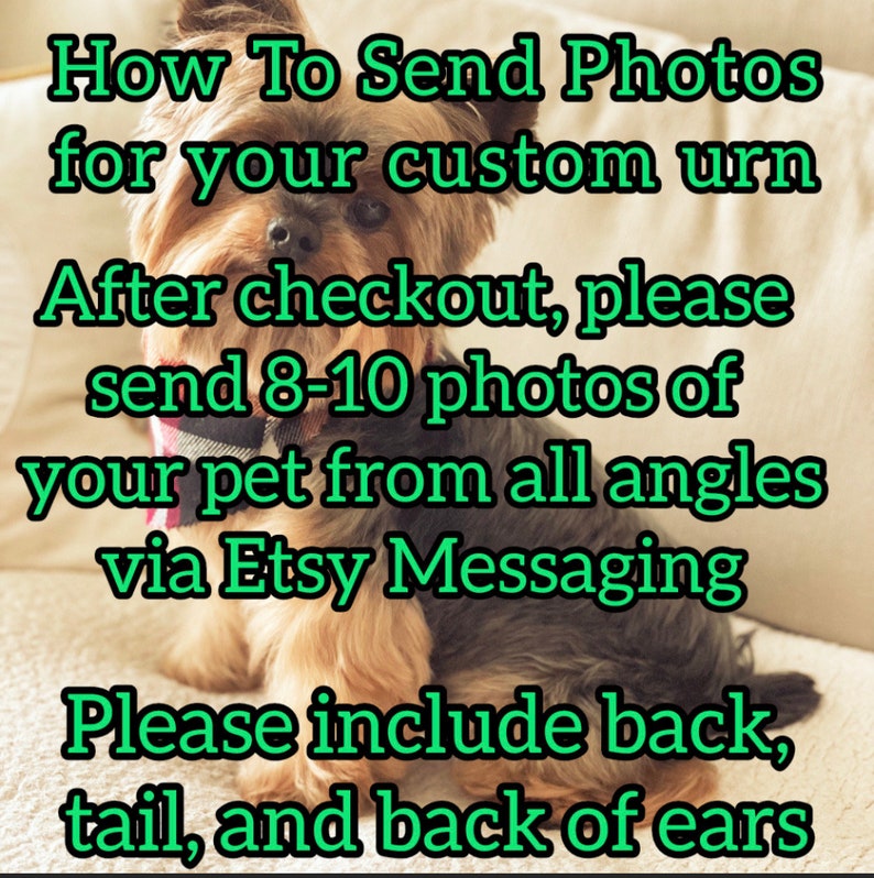 Puede incluir: Un perro peque&ntilde;o con pelaje marr&oacute;n y negro es el punto focal de esta imagen. El texto en fuente verde proporciona instrucciones sobre c&oacute;mo enviar fotos para una urna personalizada. El texto aconseja enviar de 8 a 10 fotos de la mascota desde todos los &aacute;ngulos a trav&eacute;s de Etsy Messaging.