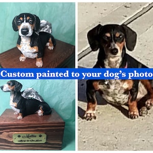 Puede incluir: Una figura de perro salchicha pintada a medida con alas de &aacute;ngel, exhibida en una caja de madera. El perro es negro, marr&oacute;n y blanco. El texto "Custom painted to your dog's photos!" es visible.