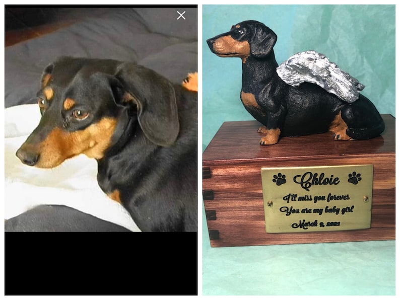 Puede incluir: Figura de perro salchicha negro y canela con alas de &aacute;ngel, sobre una caja de madera. La caja tiene una placa de lat&oacute;n con el nombre "Chloie" y un mensaje conmemorativo. Es un art&iacute;culo conmemorativo.
