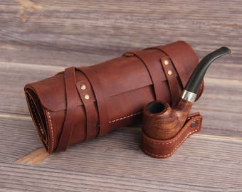 Genuine Leather Pipe & Tobacco Pouch Case Holder. Pipe Roll. Pipe Bag.