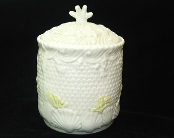 Belleek Irish Porcelain NEW SHELL Biscuit Barrel 6th Mark (3rd Green) Yellow Luster Trim - MINT Cookie Jar Ireland