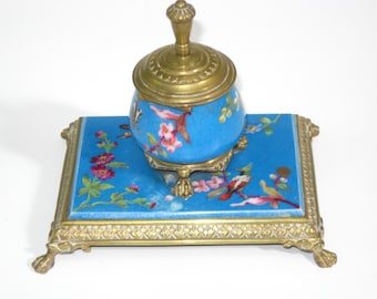 Samson Old Paris Porcelain Handpainted Inkwell w/ Butterflies & Flowers Brass/Bronze Mounted Claw Feet; Antique 19th Century French Inkstand