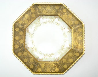 Antique T&V Limoges Porcelain Octagonal Plate w/ Factory Decorated Damascene Gold Fleur de Lys Renaissance Border Scalloped Rim