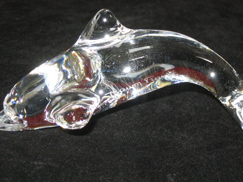 Op de afbeelding: Een heldere glazen dolfijnsculptuur met een gebogen lichaam en een puntige rugvin. De sculptuur heeft een glad, gepolijst oppervlak en lijkt van kristal te zijn gemaakt. De naam "Tzora" is aan de zijkant ge&euml;tst.
