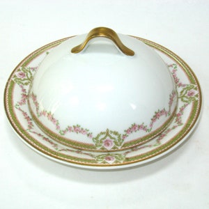 Theodore Haviland Limoges Pink Rose Garland & Gold 3 Piece Covered Butter Dish w/ Strainer - Antique French Porcelain