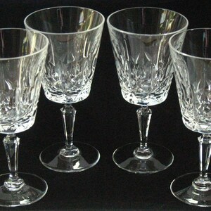 Set 4 Val St Lambert FIDELIO Pattern Cut Crystal Water Goblets /Wine Glasses; Vintage Signed Belgian Barware