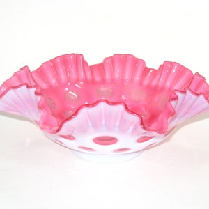 Fenton Art Glass Cranberry Opalescent Coin Dot Spot #1522 Double Crimp 10&quot; Ruffled Bowl Vintage 1950s