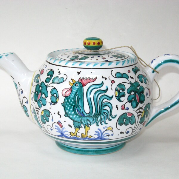 Grazia Deruta Teapot Green Rooster Gallo Verde - Handpainted Italian Pottery - As New