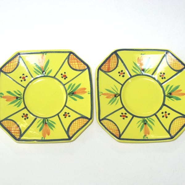 Pair HB Quimper SOLEIL Yellow Octagon Saucers ONLY for Breton Woman / Man Cups France - Vintage Hand Painted French Faience Pottery Dishes