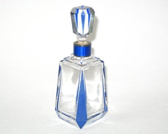 Art Deco KARL PALDA Blue Guilloche Enamel on Sterling 935 Silver Collar Cut Crystal Perfume Bottle + Stopper -Vintage Bohemian Czech Glass