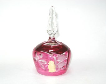 Imperlux Bohemian Cranberry Cut to Clear Grapes Crystal Dinner Bell w/ Label; Vintage Hand Made East Germany DDR