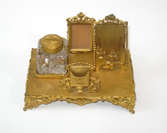 RARE Antique 19th Century French Ladies Inkwell All in One Gilded Desk Set: Louis XV Inkstand w/ Stamp & Note/Match Holders + Picture Frame