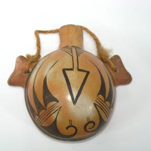 Very Old Hopi Polychrome Pottery Canteen w/ Ear Shaped Handles; Historic Unsigned Native American Handpainted Redware Pot Water Bottle