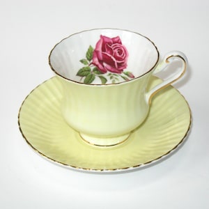 PARAGON Pastel Yellow Ribbed Footed Cup & Saucer Set Red Cabbage Rose w/ Gold Trim; Vintage Bone China England