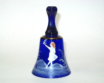 Bohemian / Czech Cobalt Blue Art Glass Dinner Bell Handpainted Mary Gregory Girl w/ Bird