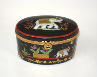 Le Tallec Paris BLACK SHOULDER Handpainted Hinged Oval Limoges Porcelain Trinket Box France for Tiffany Signed Dated - Indian Elephant -MINT