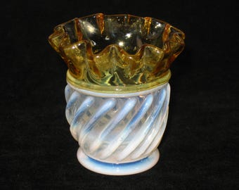 Antiguo portapalillos de cristal opalescente y ámbar amarillo Aetna GONTERMAN SWIRL / Adonis; antiguo EAPG victoriano de la década de 1880