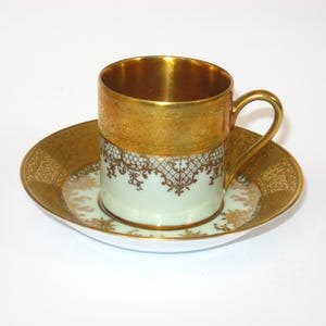 DW Porzellan Karlsbader Mint Green & Gold Encrusted Demitasse Cup + Saucer w/ All Gold Interior; Vintage German Porcelain Demi Coffee Set