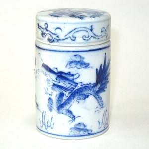 Rare Chinese Blue & White Porcelain Spice Tobacco Lidded Jar Handpainted Dragons Chasing Flaming Pearl of Wisdom; Early 20th C Antique