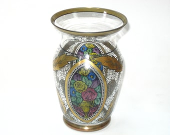 Jarrón de vidrio artístico dorado y esmaltado pintado a mano estilo bohemio Haida Hermann Pautsch, estilo secesionista antiguo, c. 1910-1920