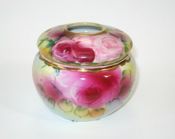 Antiguo receptor de pelo Morimura Nippon de porcelana pintada a mano con rosas de repollo rosadas y rojas y dorado; decoración de tocador