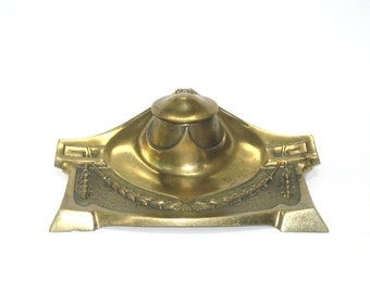 Antique Art Deco Secessionist Brass Inkwell Ink Stand Pen Holder c. 1920s
